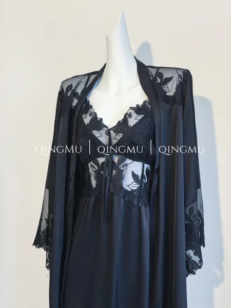 Design QINGMU Lace-Embroidered Sheer Robe Set in Light Blue Sleepwear - 35