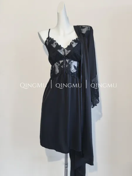 Design QINGMU Lace-Embroidered Sheer Robe Set in Light Blue Sleepwear - 36