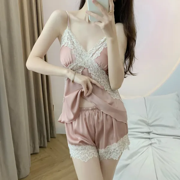Design Lace-Trimmed Satin Sleepwear Set Black - 10