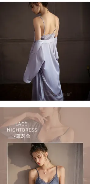 Design Lace Trim Satin Slip Dress with Built-in Bra in Sage Green Sleepwear - 17