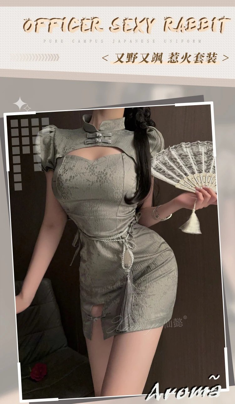 Design Retro Cheongsam Skirt in Sage Green with Tassel Waist Tie Skirt - 4