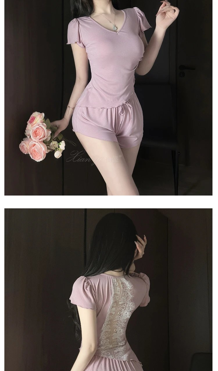 Design Pink Lace-Back Pajama Set Sleepwear - 10
