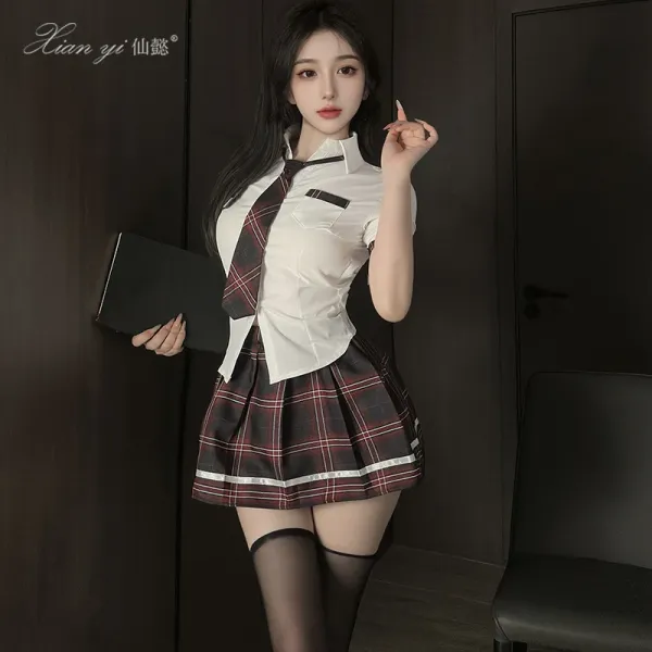 Design Campus Skirt Set Beige Brown Plaid School Uniform Style - 18