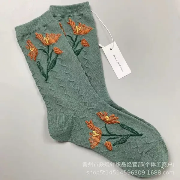 Design Embroidered Floral Socks Sage Green with Orange Poppy Motif Socks - 1