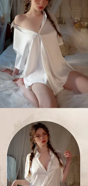 Design Lace-Trimmed Satin Shirt Dress and Shorts Set White Sleepwear - 12