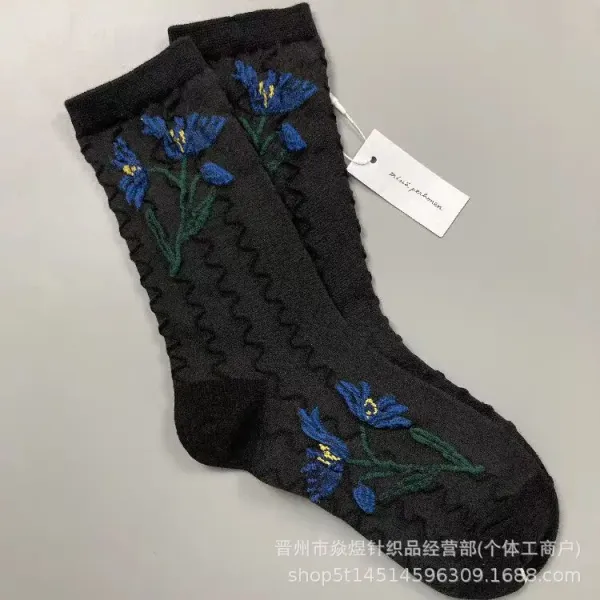 Design Embroidered Floral Black Socks - 1