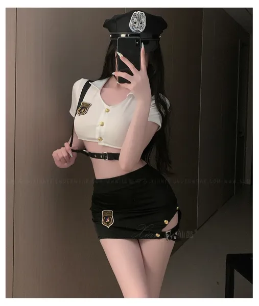Design Police Officer Costume Set Black / White Hat + Crop Top + Mini Skirt - 10