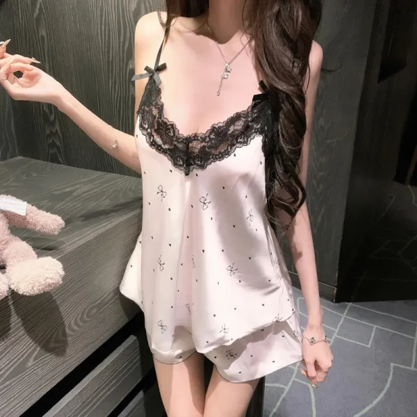 Design Lace Trim Satin Camisole Set Beige Sleepwear - 1