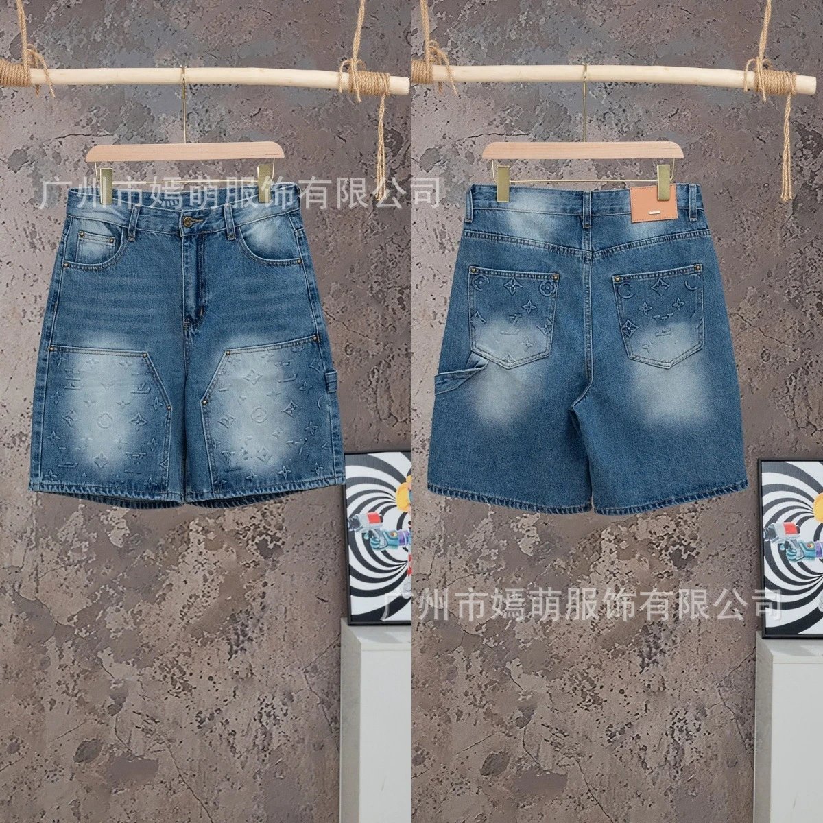 Design Denim Shorts Black with Embroidered Logo - 8