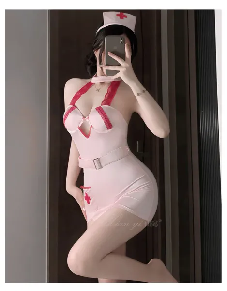 Design Nurse Costume Set Pink Red Lace Dress - 8