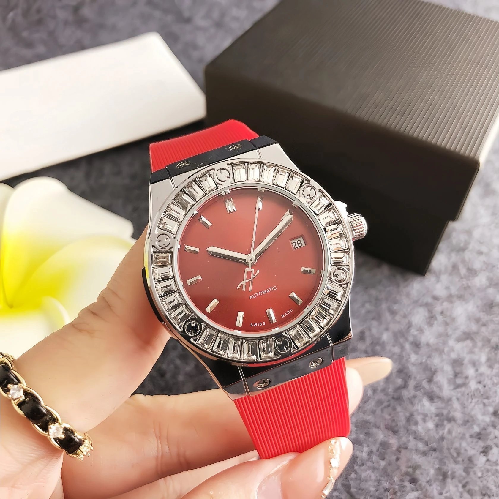 Hublot Classic Fusion Red Dial Diamond Bezel Automatic Watch Watches
