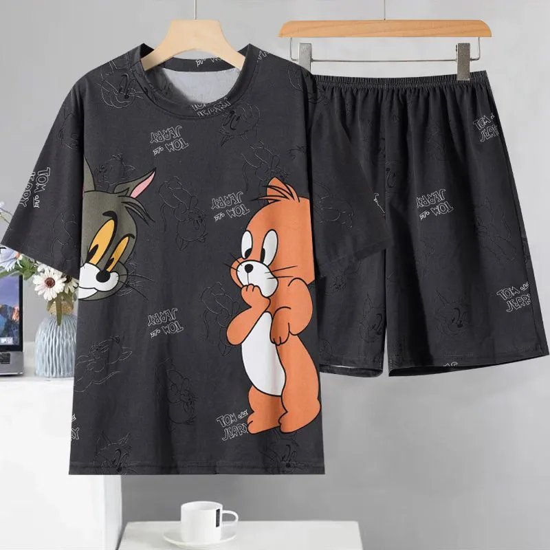 Design Tom and Jerry Cartoon Print Black Sleepwear Set Sleepwear
