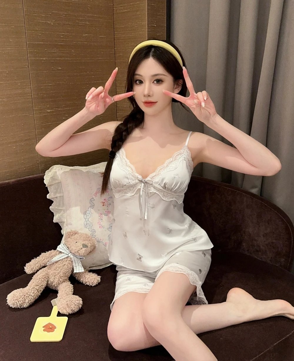 Design Butterfly Print Lace Trim Sleepwear Set White - 11