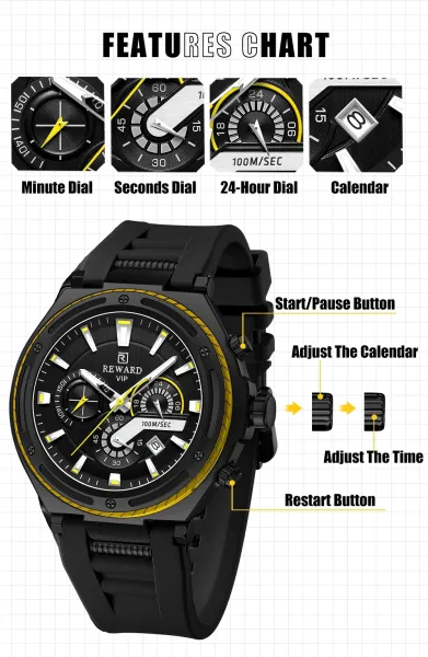 Design Reward VIP Chronograph Black with Yellow Accents Watch Watches - 8