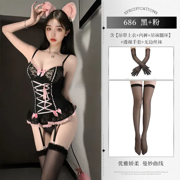 Design Corset Lingerie Set Black + Pink with Sheer Gloves and Thigh-High Stockings Underwear - 1