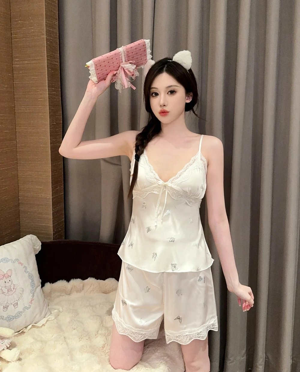 Design Butterfly Print Lace Trim Sleepwear Set White - 3