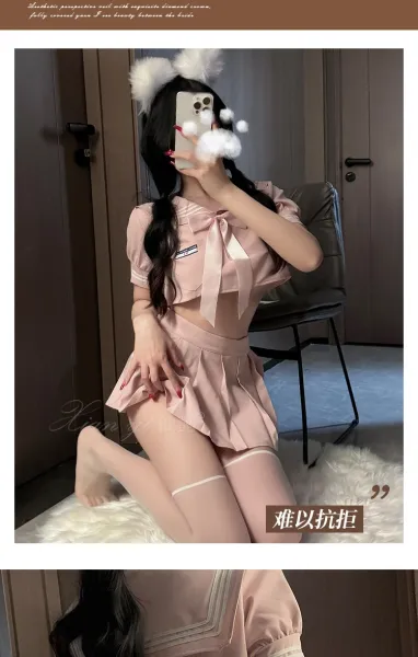 Design Sailor-Style Crop Top and Pleated Skirt Set with Sheer Thigh-High Stockings - 9