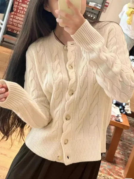 Design Cable Knit Cardigan Beige Wool Blend Cardigan - 4