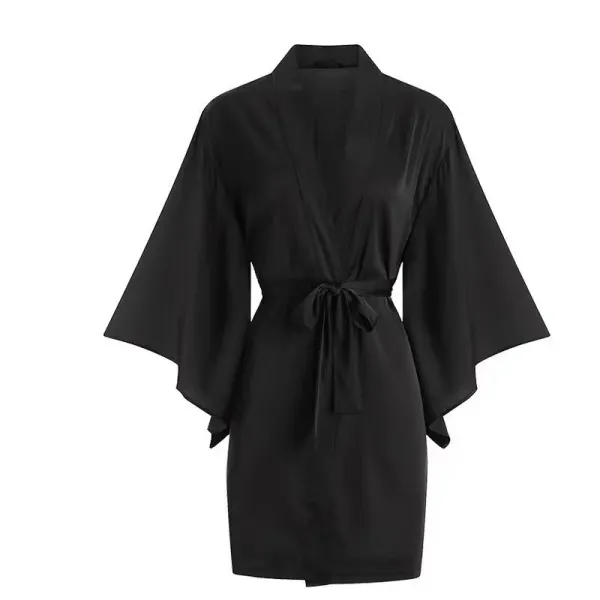 Design Black Silk Kimono-Style Robe Sleepwear - 1
