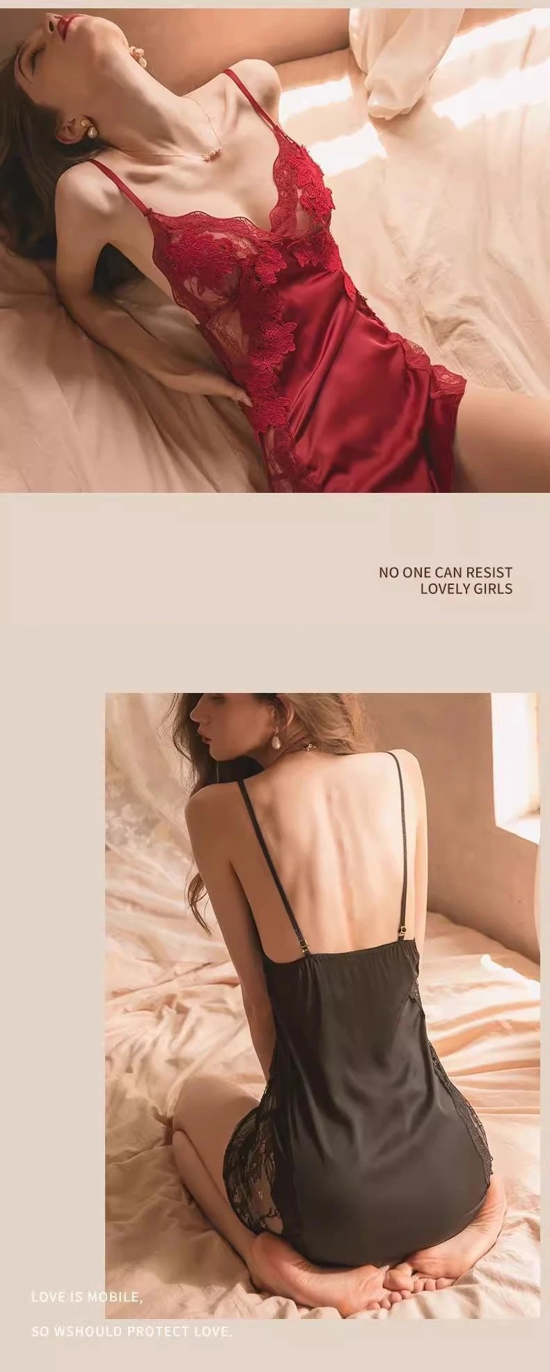 Design Lace-Trimmed Satin Slip Dress Black Sleepwear - 4