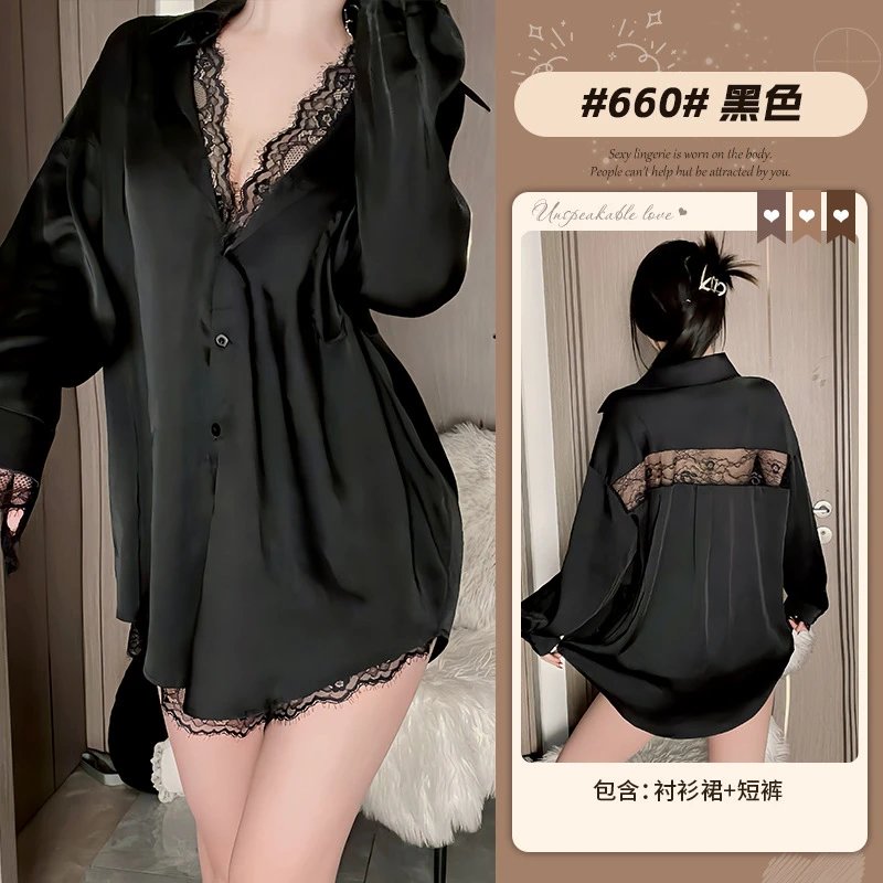 Design Lace-Trimmed Satin Shirt Dress Set Black