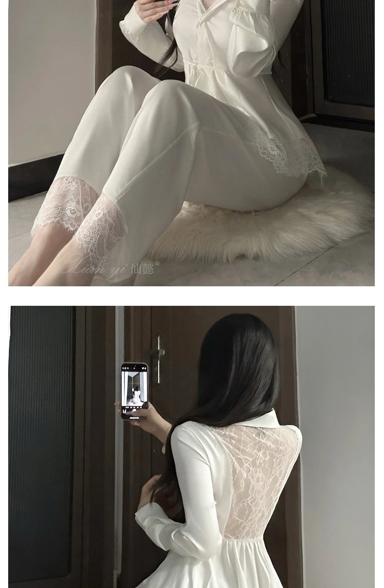 Design Lace-Trimmed Satin Pajama Set White Sleepwear - 8