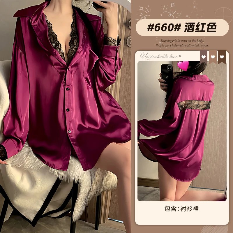 Design Silk Shirt Dress Wine Red Sleepwear