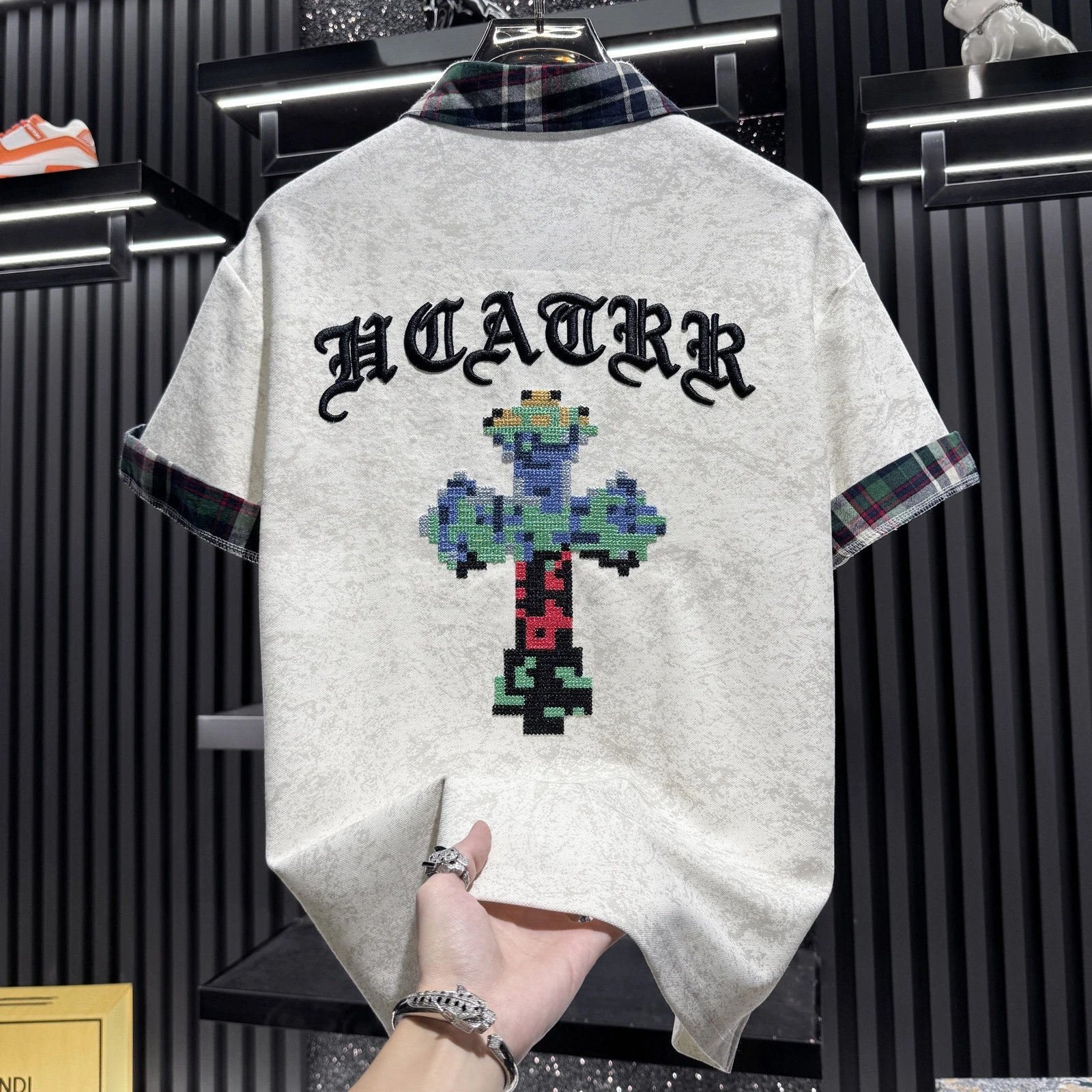 Haculla Pixel Cross Embroidered T-Shirt Beige