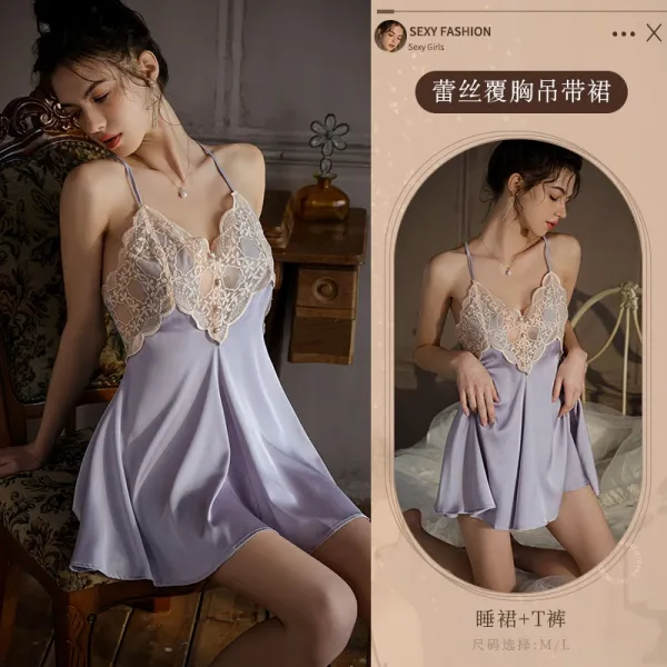 Design Sexy Fashion Lace-Trimmed Satin Chemise in Lilac Sleepwear - 1