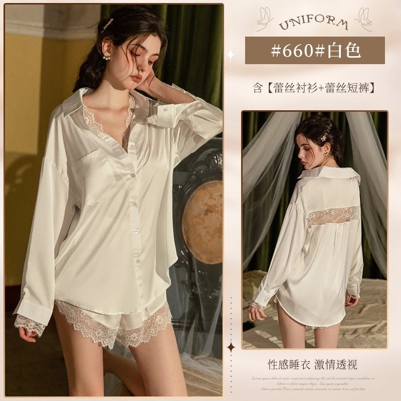 Design Uniform #660 White Lace-Trimmed Silk Sleepwear Set Sleepwear