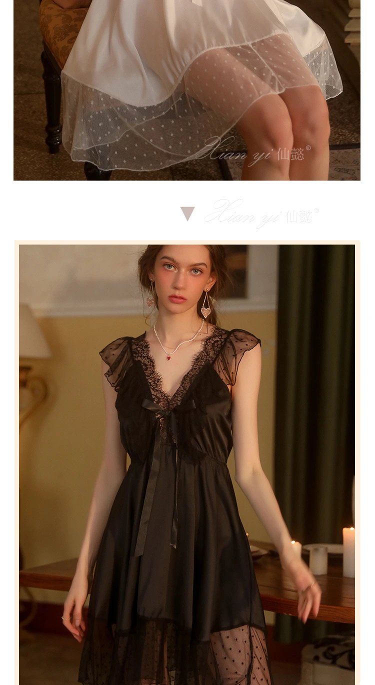 Design Lace-Trimmed Satin Sleepwear Set Black - 16