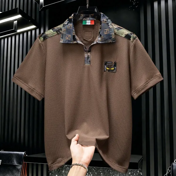 Design BV&SK Camo Collar Mesh Polo Brown Polo Shirt - 1