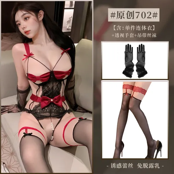 Design Original 702 Red & Black Lace Bodysuit with Sheer Gloves and Suspender Stockings Underwear - 1