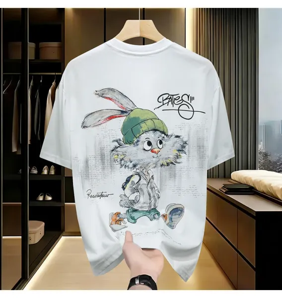 Design Rabbit Graffiti Print Oversized Black T-Shirt - 7