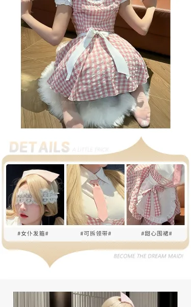 Design #804 Maid Outfit Pink Gingham Dress with Apron and Headband - 10