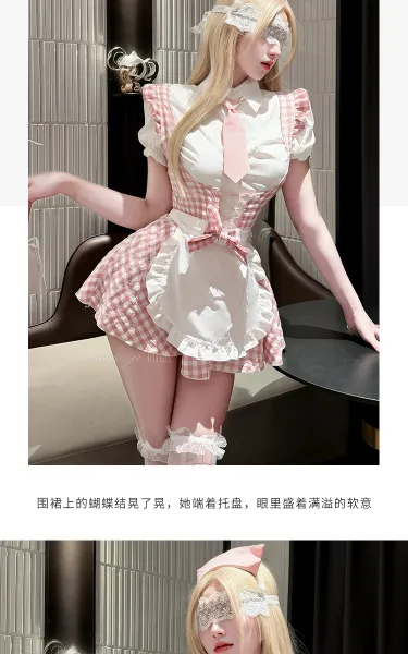 Design #804 Maid Outfit Pink Gingham Dress with Apron and Headband - 11