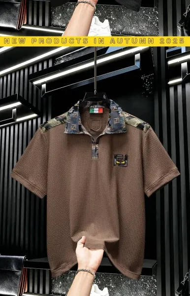 Design BV&SK Camo Collar Mesh Polo Brown Polo Shirt - 5