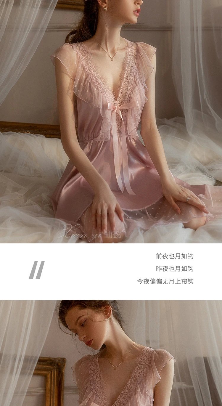 Design Lace-Trimmed Satin Sleepwear Set Black - 9