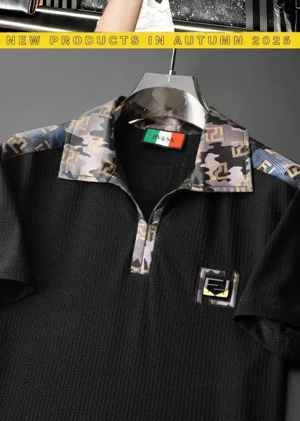 Design BV&SK Camo Collar Mesh Polo Brown Polo Shirt - 7