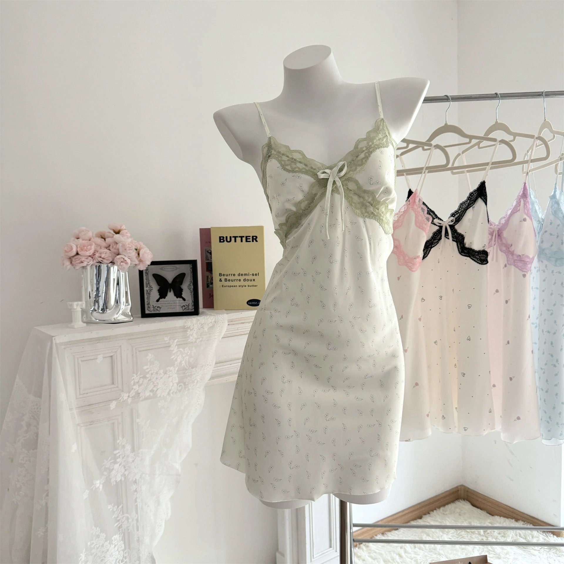 Design Floral Lace Trim Slip Dress in Ivory with Sage Green Accents Sleepwear
