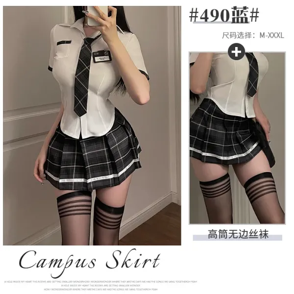 Design Campus Skirt Set #490 Blue Plaid School Uniform Style Shirt and Pleated Skirt Sets - 1