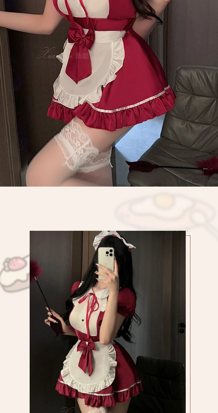 Design Sweetheart MAid #582 Red Maid Dress Set with Hair Accessory and Lace Stockings Dress - 19