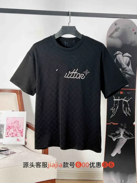 Design 'Littor' Rhinestone Embroidery Black Checkerboard T-Shirt - 1