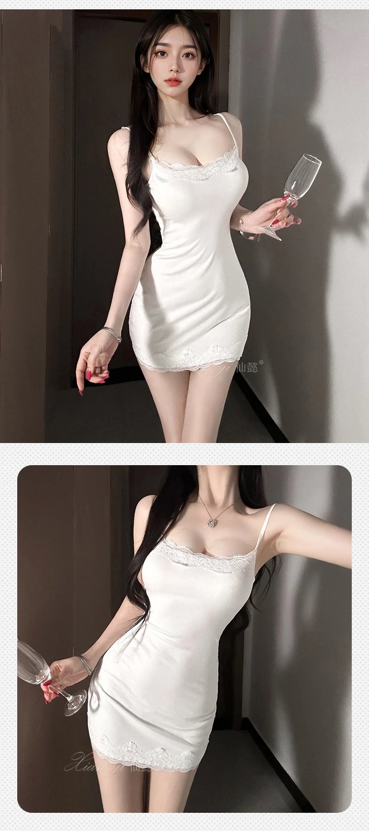 Design #689 Bean Paste Lace Trim Cami Dress with Built-in Bra - 9