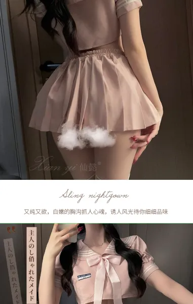 Design Sailor-Style Crop Top and Pleated Skirt Set with Sheer Thigh-High Stockings - 10