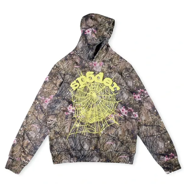 SP5DER Camo Floral Hoodie with Neon Yellow Spiderweb Print - 1
