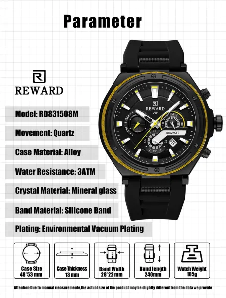 Design Reward VIP Chronograph Black with Yellow Accents Watch Watches - 9