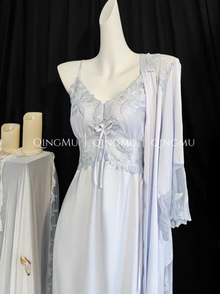 Design QINGMU Lace-Embroidered Sheer Robe Set in Light Blue Sleepwear - 22