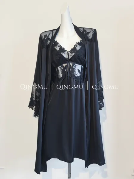 Design QINGMU Lace-Embroidered Sheer Robe Set in Light Blue Sleepwear - 34