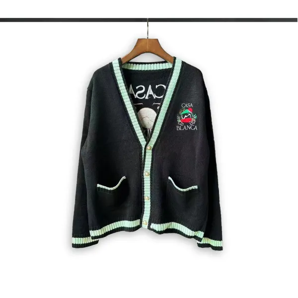 Casablanca Embroidered V-Neck Cardigan Black with Mint Trim - 1